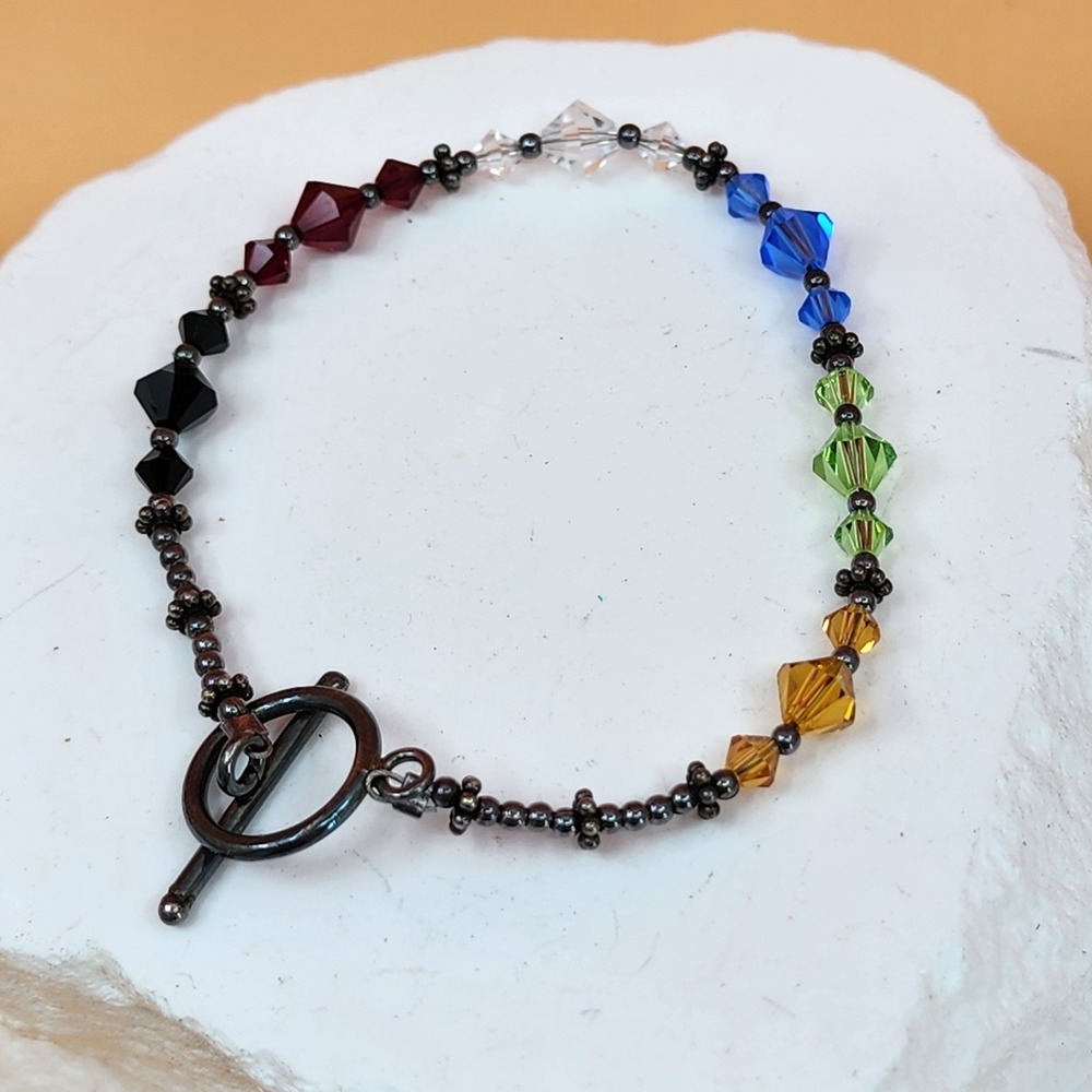 Multicolor Faceted Glass Bead Bracelet Gunmetal Toggle Clasp Boho Statement